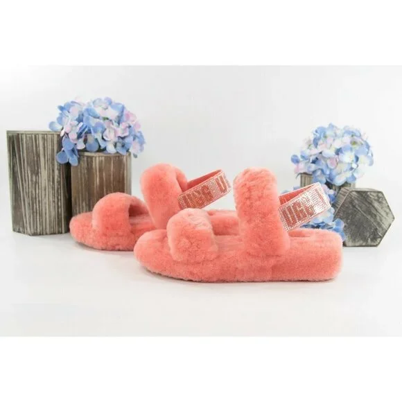 UGG Fluff Oh Yea Coral Bling Sheepskin Fur Slippers Slides Sandals Sz 6 NIB - Picture 1 of 9